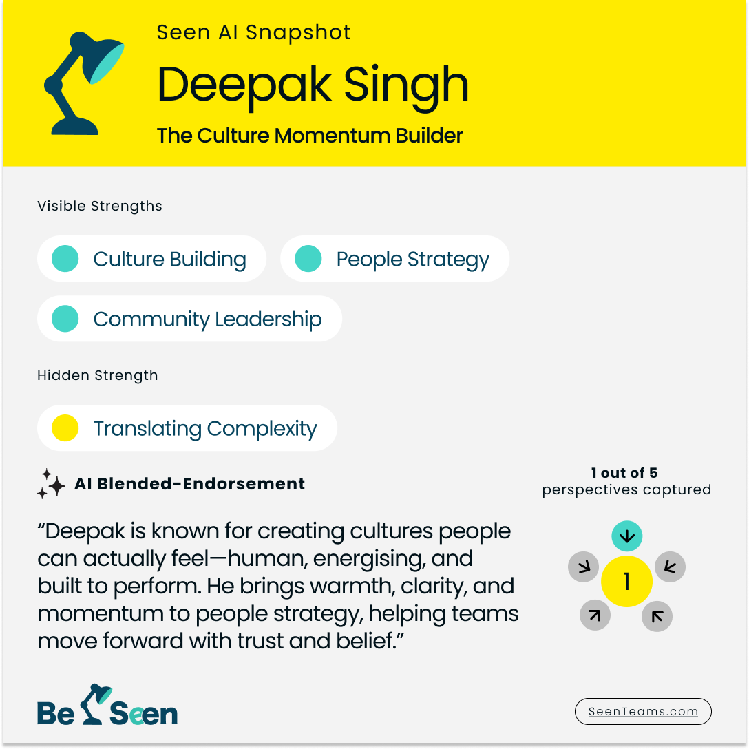 Seen AI Snapshot for Deepak Singh — The Culture Momentum Builder